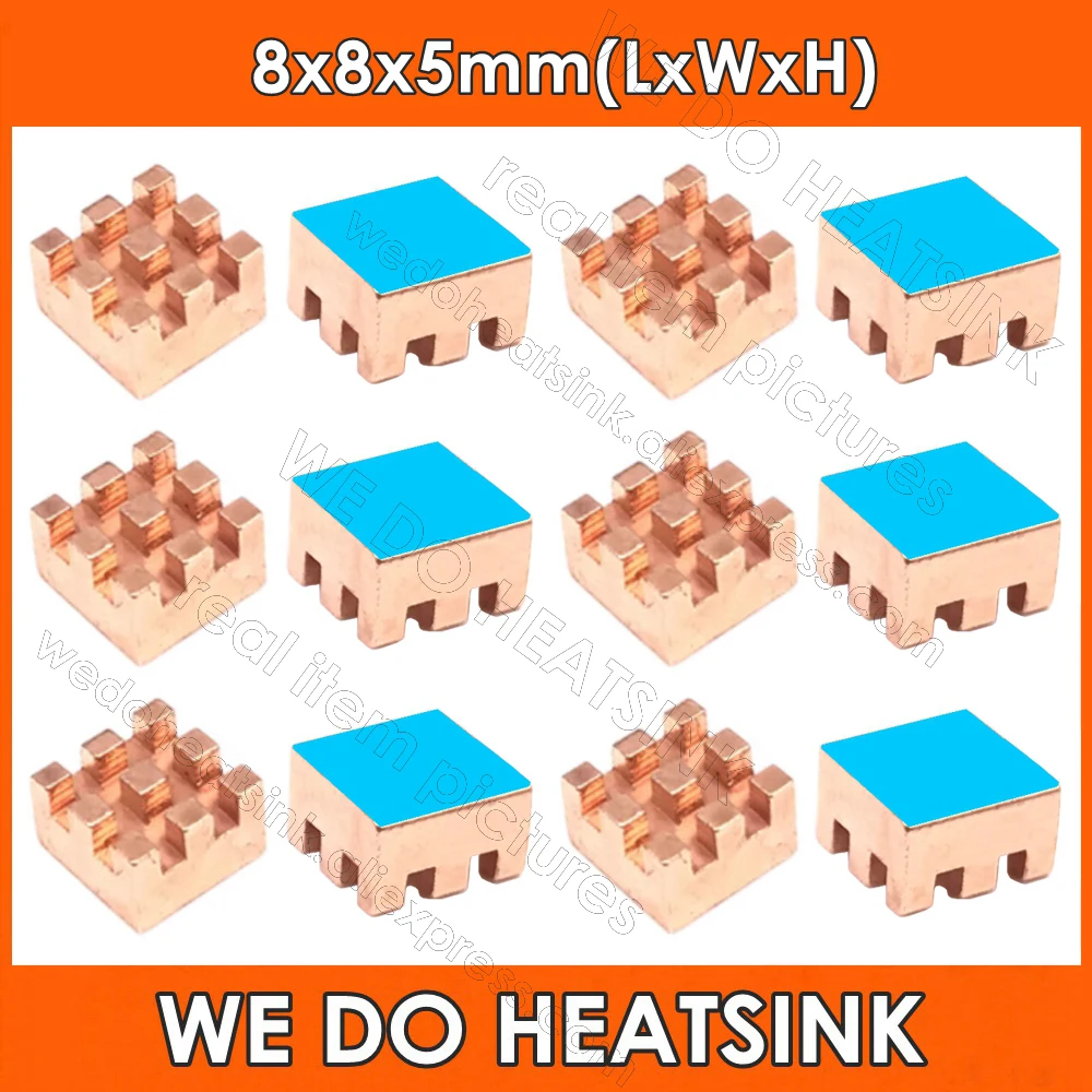 

Smallest Tiny 8x8x5mm Square Copper Heatsink Cooler With Thermal Pad for VGA GPU Miniature Radiator DDR RAM Memory IC