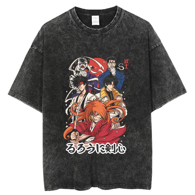 New Rurouni Kenshin Anime T Shirt Men Vintage Washed 100% T Shirts for Men 2023 New Hip Hop Streetwear Harajuku Male T-shirt