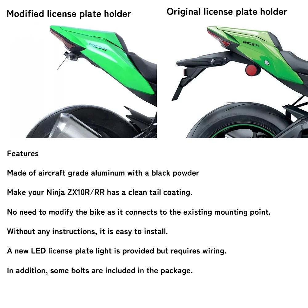 For Kawasaki Ninja ZX-10R ZX10R ZX 10R/10RR SE 2016-2024 Rear Registration Bracket License Plate Holder Frame Tail Tidy LED