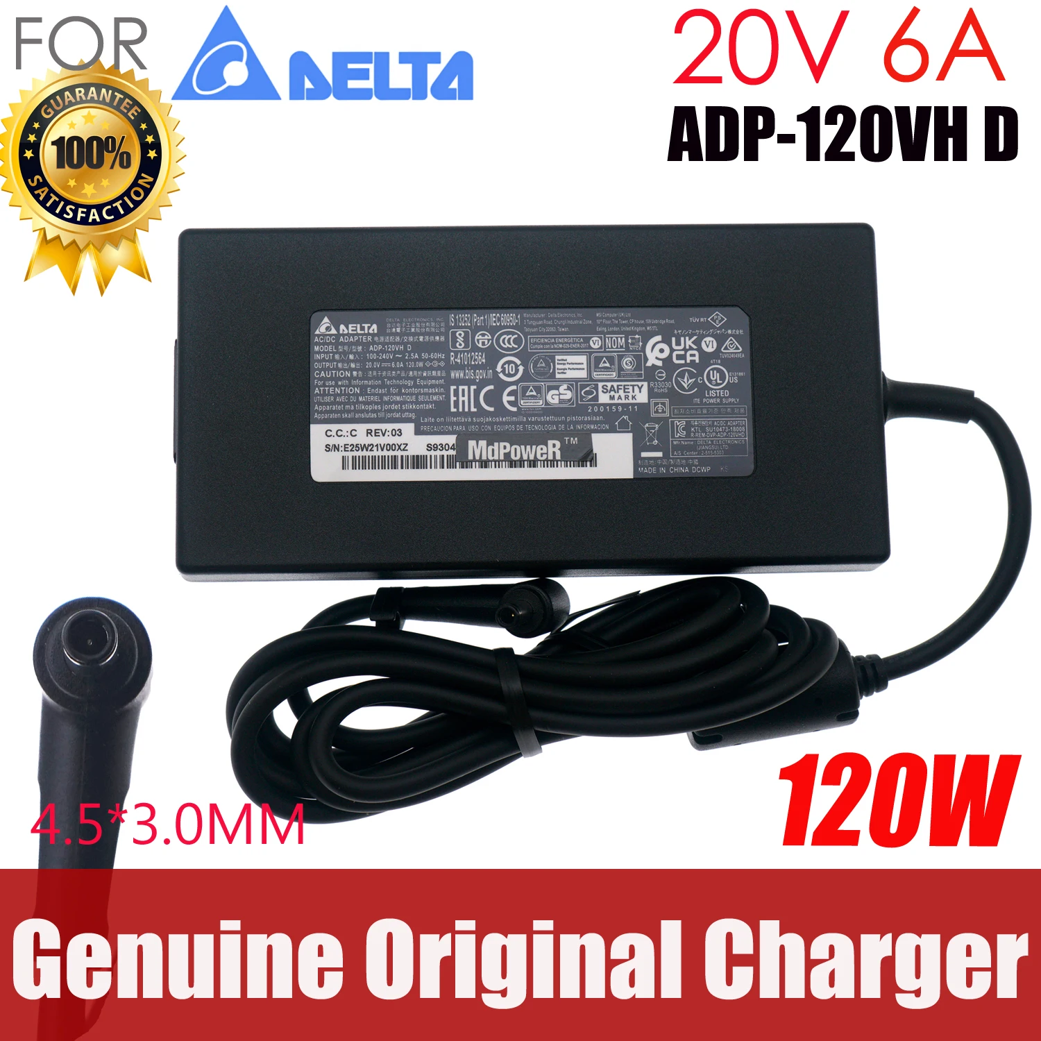 Genuine Delta ADP-120VH D 20V 6A 120W AC Adapter Laptop Charger For MSI MS-16R5 CF63 GF63 Thin 11SC-224 Power Supply A120A055P