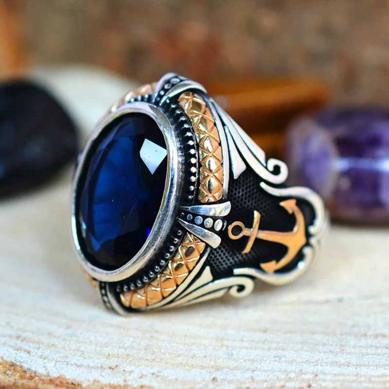 Trend Personality Men Punk Rings for Men Women Vintage Hip Hop Pirate Anchor Mosaic Blue Zircon Ring Anchor Sailor Jewelry Gift