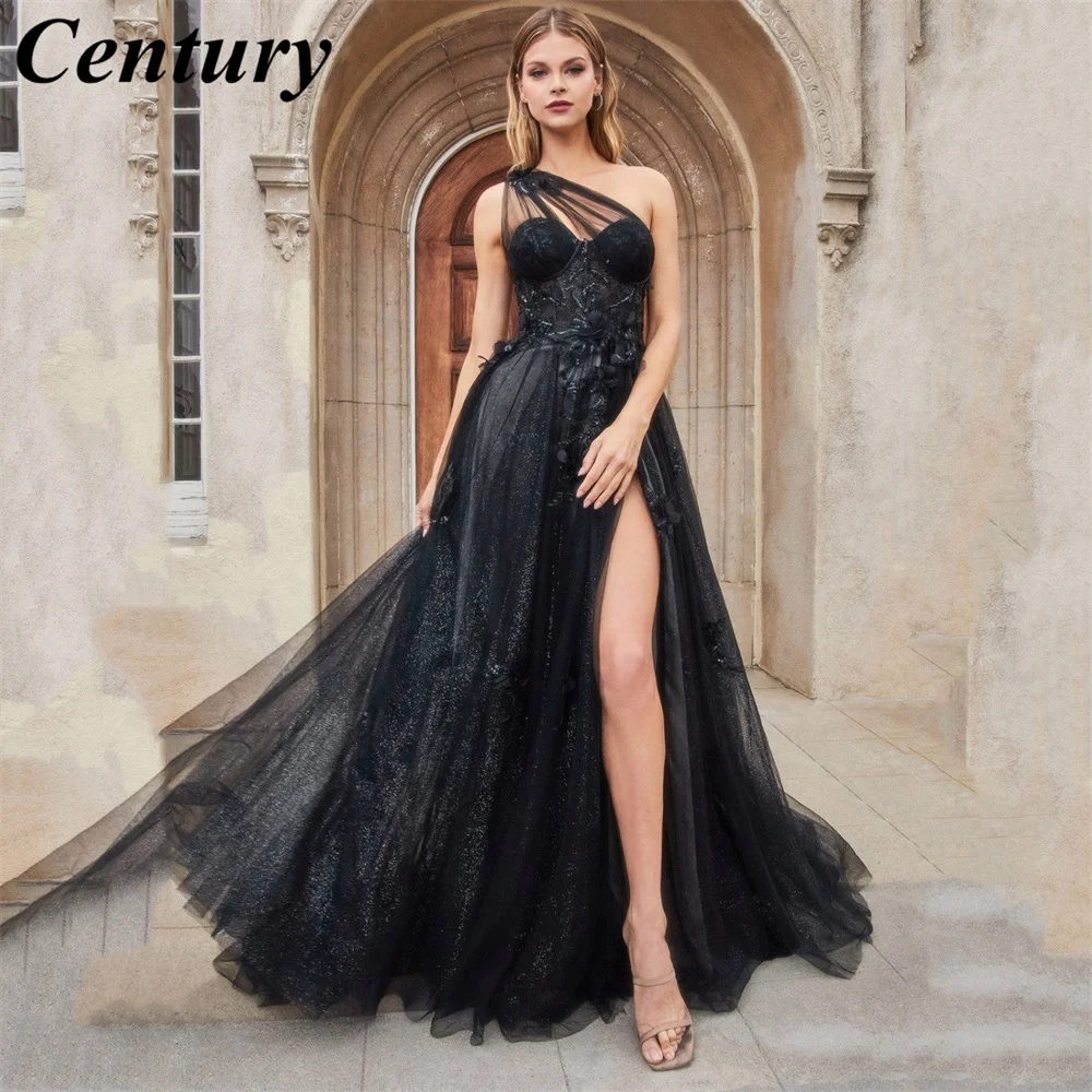 Customized One Shoulder Tulle Prom Dresses 3D Flowers Lace Applique Formal Dress Long with Slit Women Evening Party Gown Robe