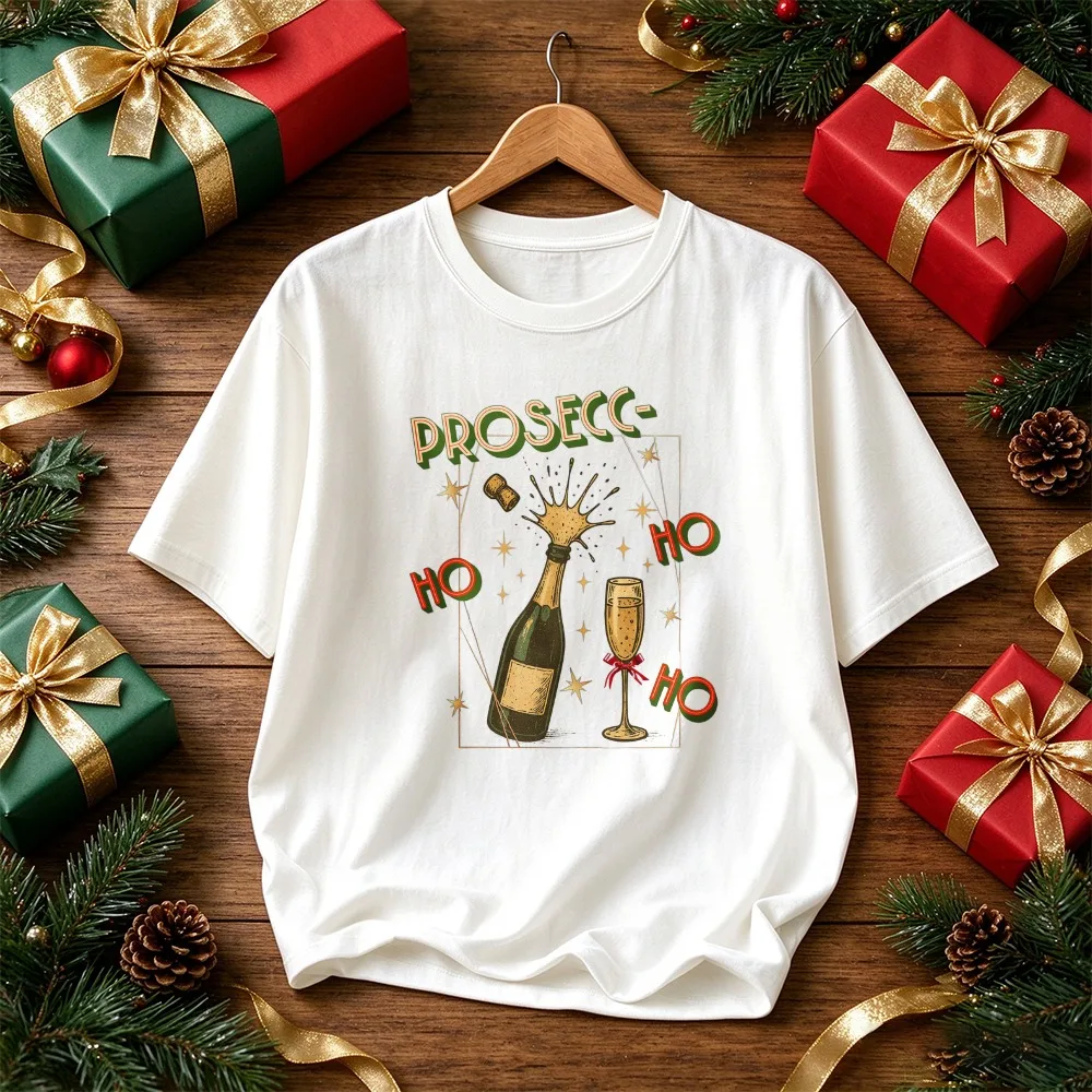 Prosecco Ho Graphic T Shirt Sparkling Wine Bottle Glass Print Crew Neck Short Sleeve Funny Christmas Party Drinking Casual Tees