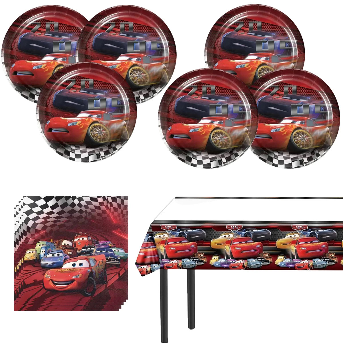 McQueen Birthday Party Paper Plates， Napkins and Tablecloth Set，Includes 40 PCS Paper Plates ，20 PCS Napkins ，1 Tablecloth