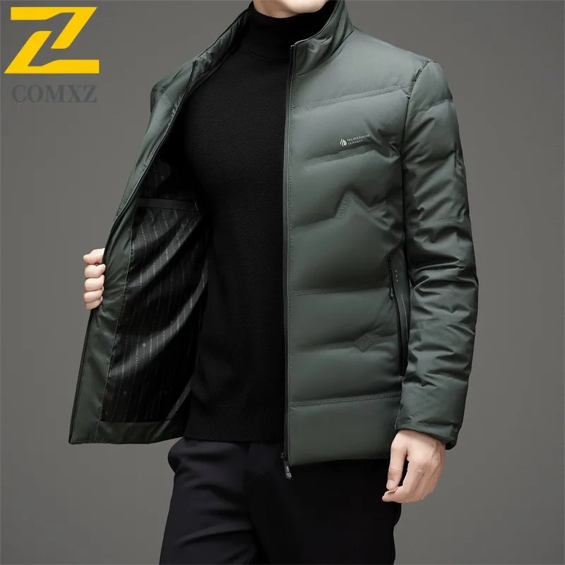 COMXZ Men Puffer Jacket Classic Stand Collar Commuting Office Warm Parka Versatile Urban Style Windproof Autumn Winter Garment