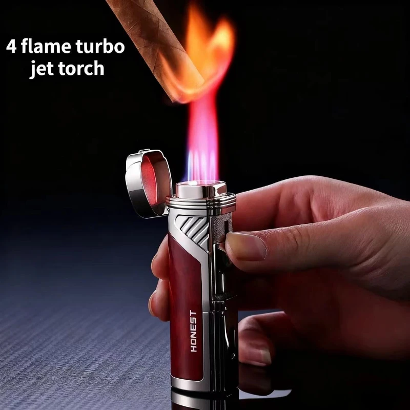 2026 HONEST 4 Fire Inflatable Cigar Lighter Metal Cigar Cutter Butane Jet Turbo Torch Lighter Cigar Accessories Men Gift Gadgets