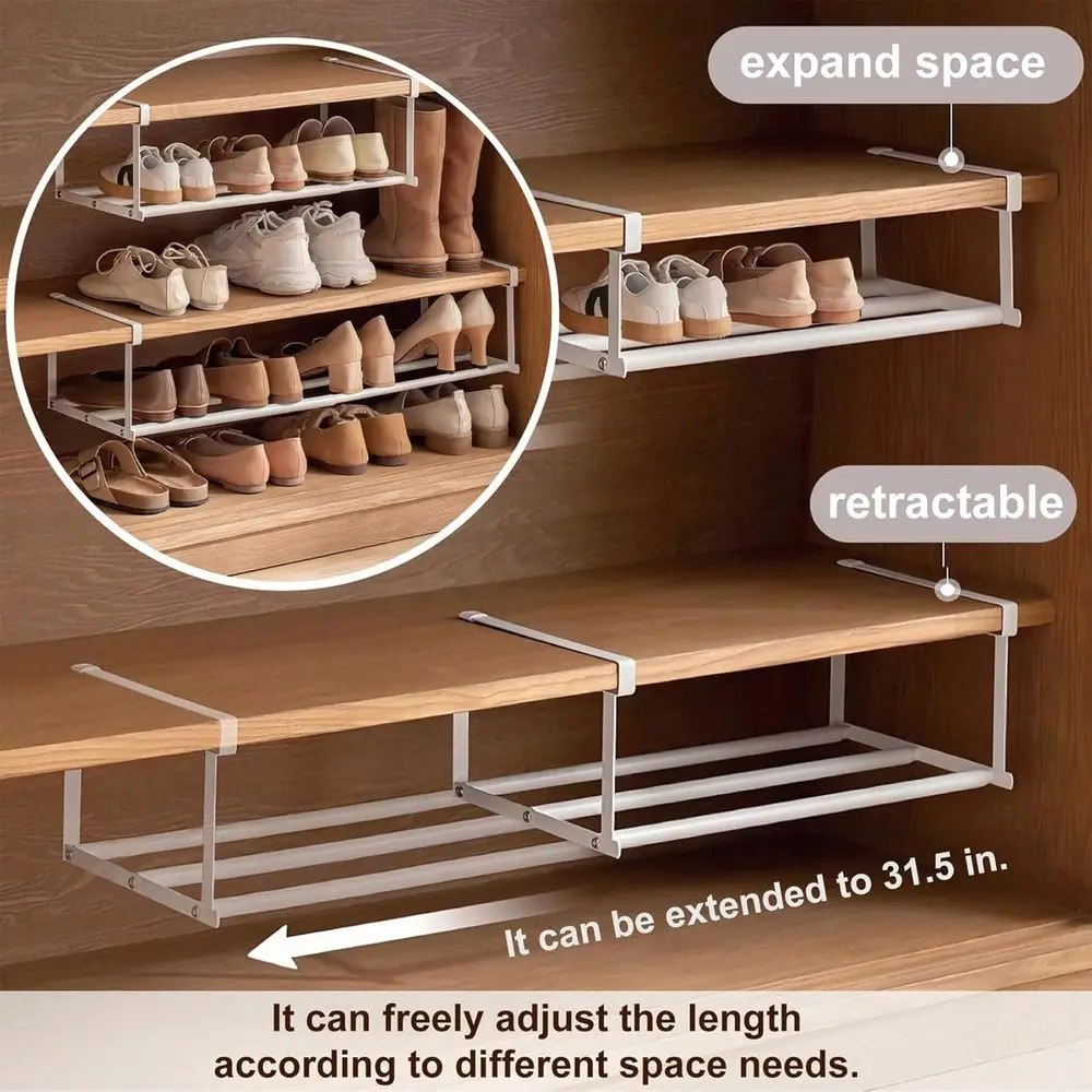 Expandable Shoe Rack Organizer - Adjustable Shoe Rack & Under Cabinet Shelf - for Shoe or Clothing Storage and Organization, Und