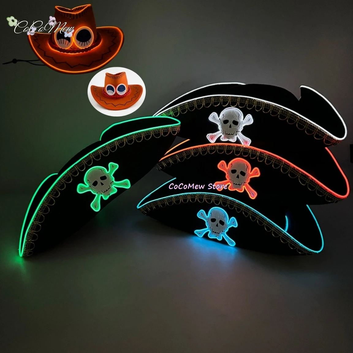 Anime Halloween pirate cosplay costume Hat Carnival Party LED Colorful Cowboy Luminous Hat Laser Illusion Color Ace Cowboy Hat