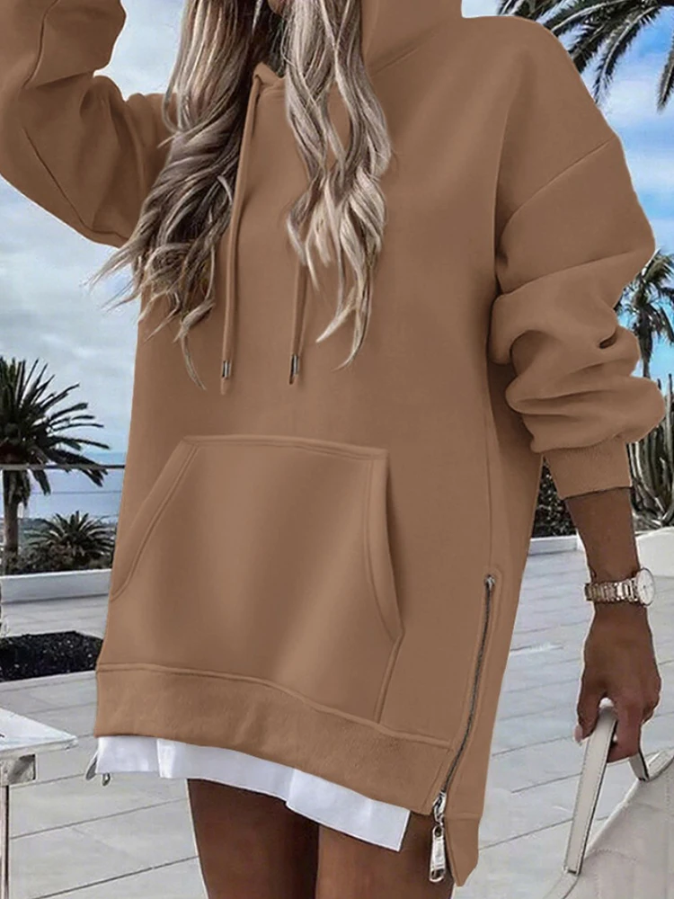 Feminino manga longa retalhos pulôver hoodie outono inverno moda cordão solto zíper simples hoodies 2025 topo streetwear
