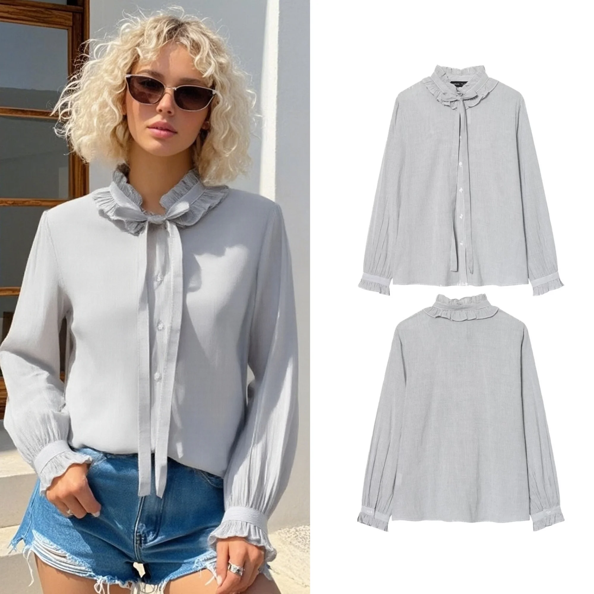 

Women's Shirt Spring Autumn Female Gray Striped Long-Sleeve Shirts With Pleated Collar Lady Bow Lace-Up Casual Shirts Tops