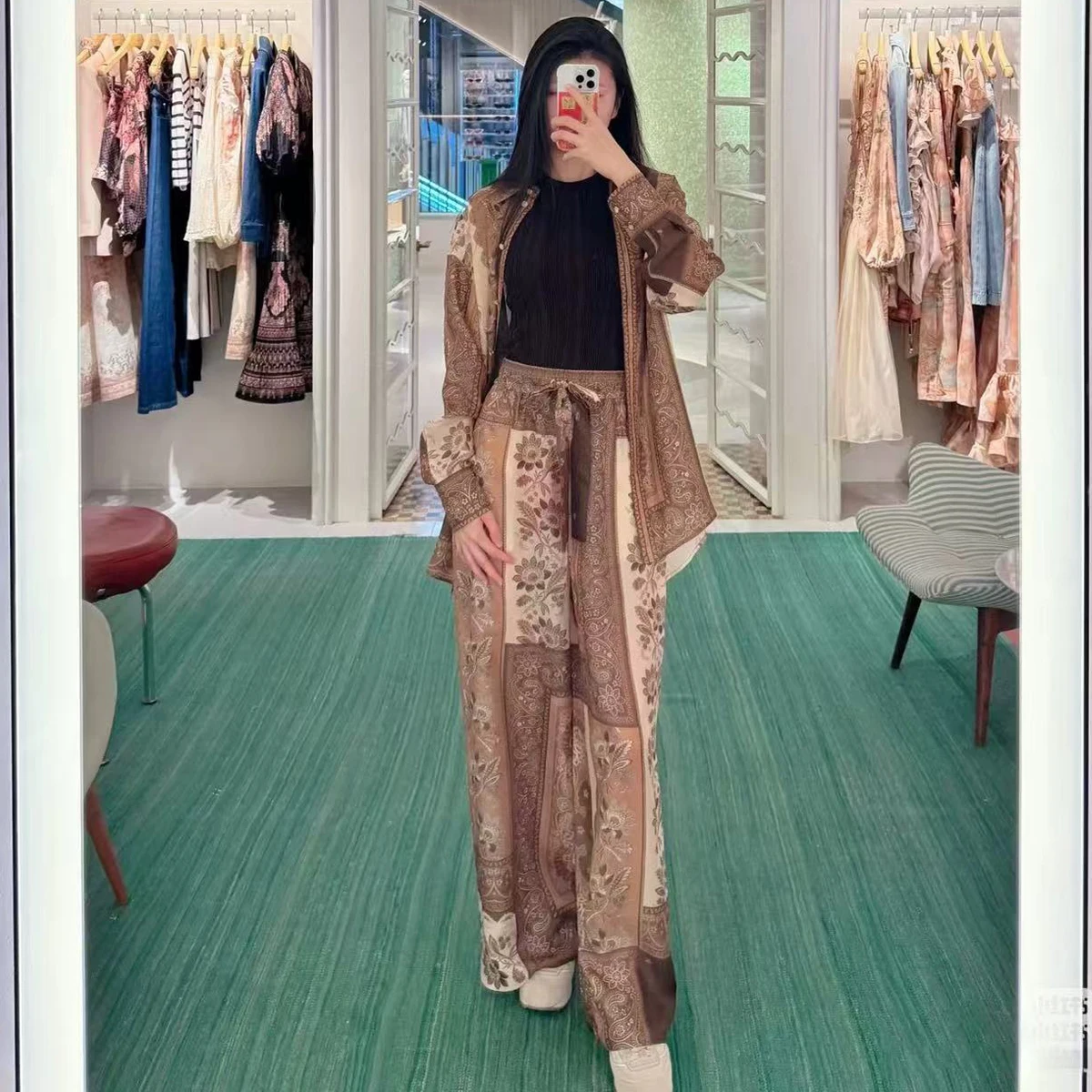 

Australian 2025 Spring Summer New Sle Vaion Print irt Dstring Elastic Long Pants Set Women's Faion Ensemble