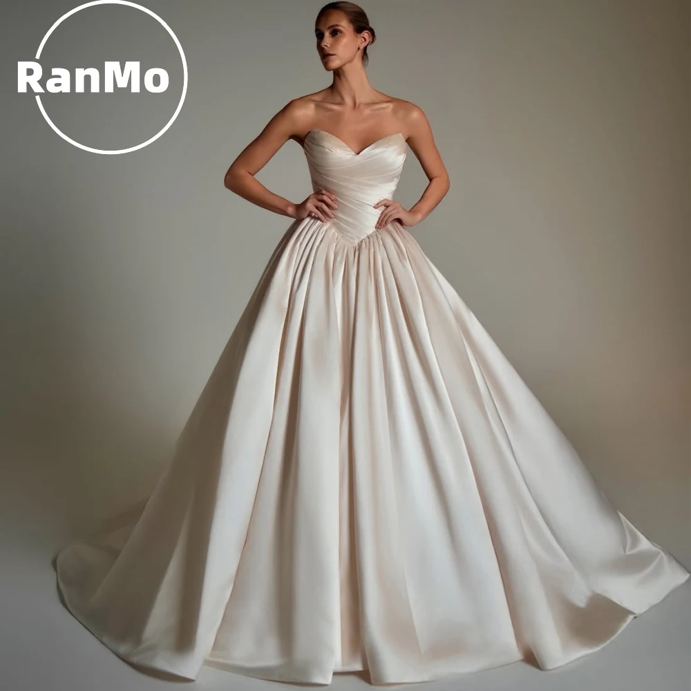 

Ranmo Simple Wedding Dresses Women's A Line Satin Sweep Train Bridal Ball Gowns Sleeveless Party Vestidos De Novia Customized