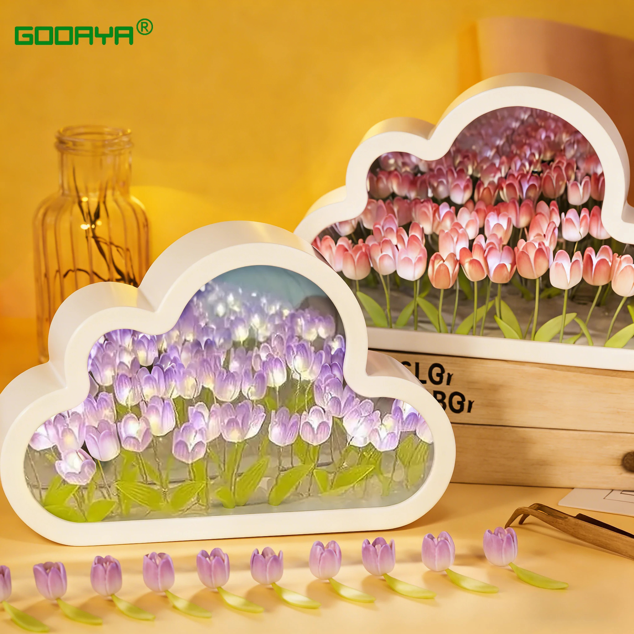 Lámpara de tulipán con espejo de nube DIY, luz nocturna, adornos para dormitorio de niña, marco de fotos, luz de noche de cristal hecha a mano para dormir, regalos de navidad
