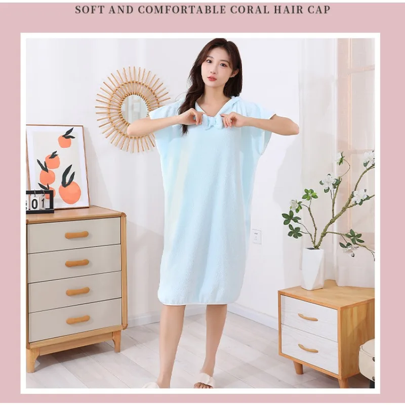 Long Thickened Home Hooded Bow Sleeveless Bath Dress Home Women\'s Bathrobe Wearable Absorbent Bath Towel Coral Velvet