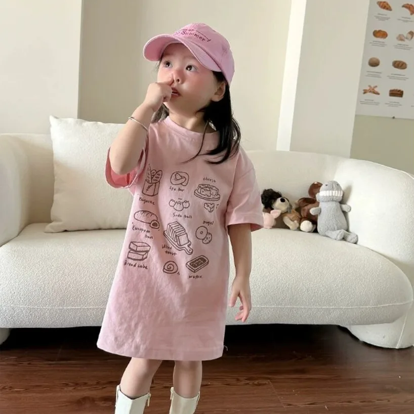 Baby Girls\' Cute T-shirt Dress Medium Long Style Baby Girl Summer Outfit Short Sleeved Dress Stylish Simple Casual Cotton Dress