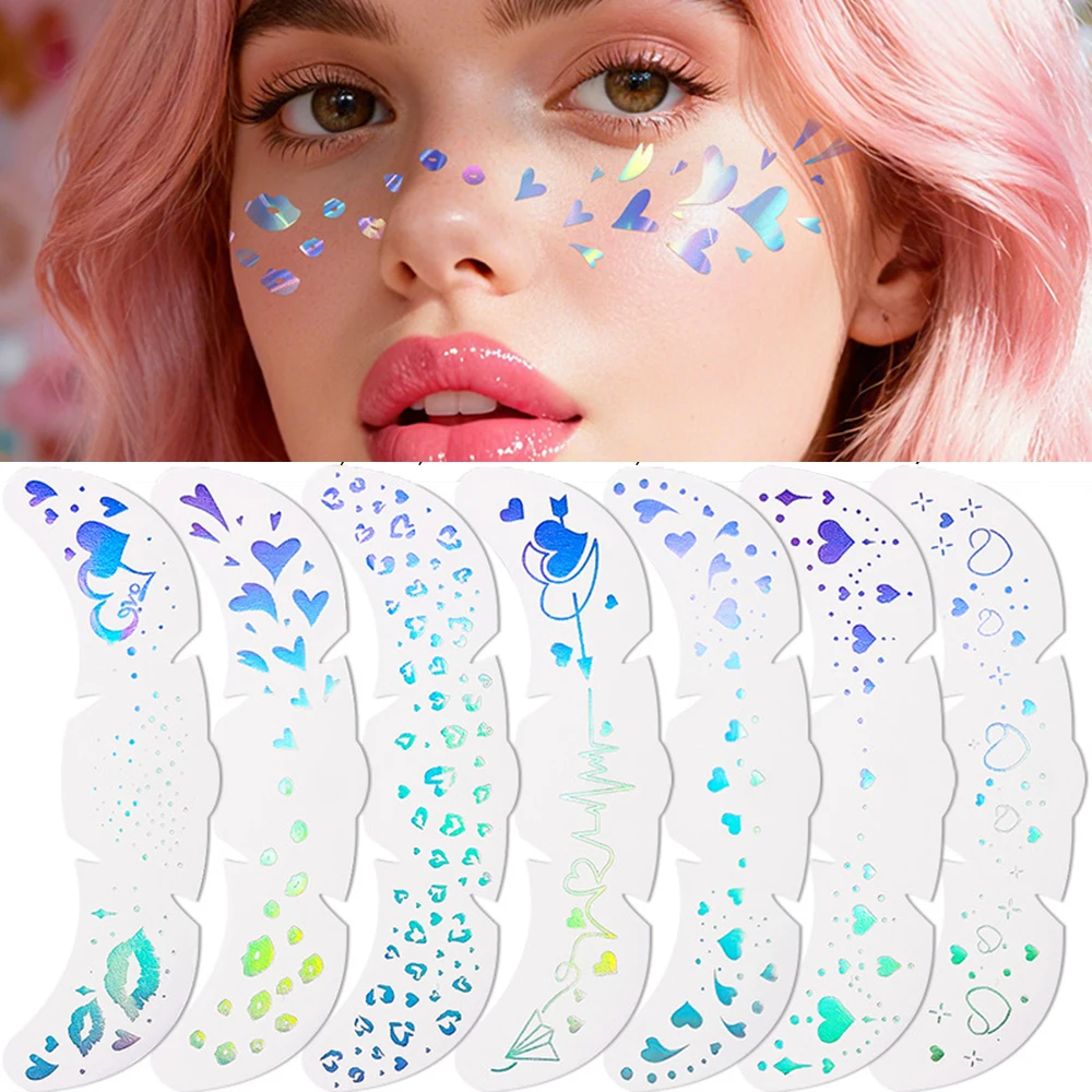 

3D лазерные татуировки на лице ко Дню святого Валентина, блестящее сердце, любовь, губы, поддельные веснушки, временная татуировка, наклейка для лица, макияж, наклейка