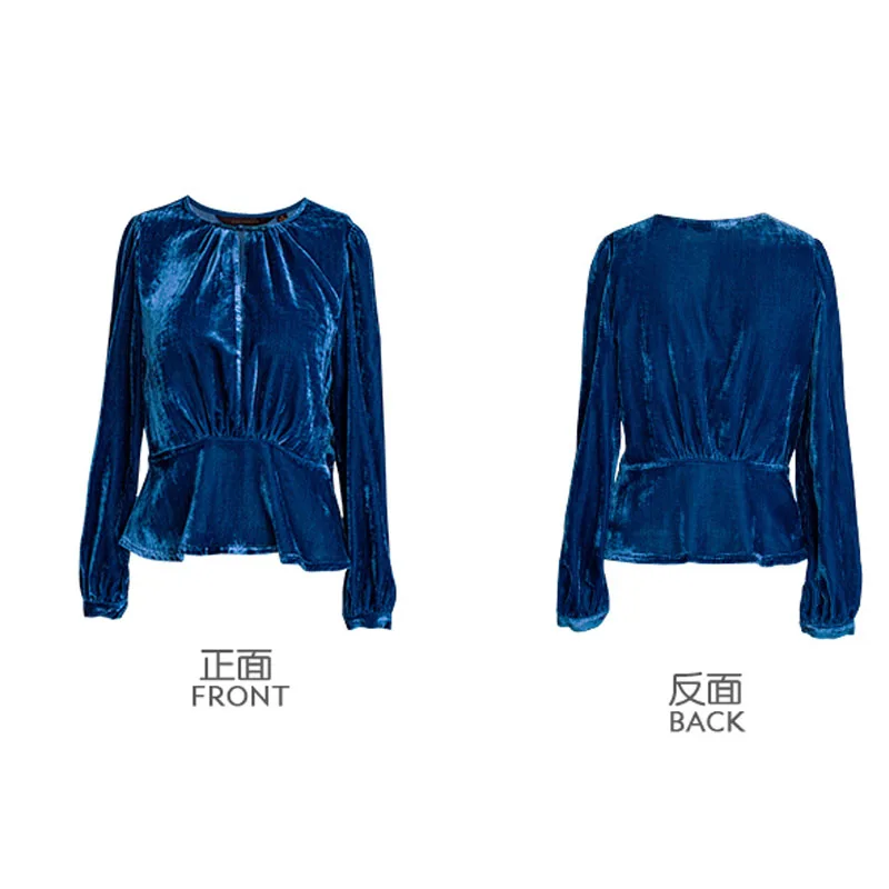 100% Natural silk velvet Ladies Long Sleeve Shirt Blue Pullover T-shirt Youth Trend Women Beautiful Generous Spring and Autumn