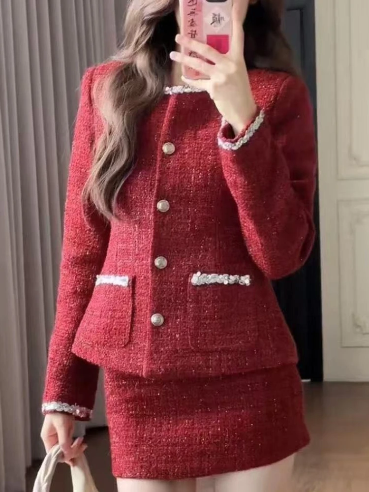 Ano novo elegante festa de duas peças conjunto feminino vermelho tweed terno blazer + mini saia terno botões rendas chique moda conjunto eventos 2025 novo