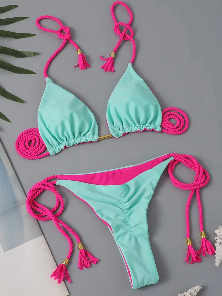 

SeductiveRuched Bikini, Classic Solid Drawstring Bikini, Bowknot Tied Sides Bikini, Figure Flattering High-Waisted Swimsuit