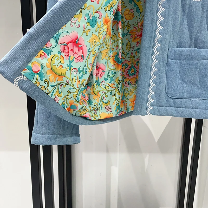 ملابس نسائية قطنية فضفاضة مطرزة باللون الأزرق لدفء الشتاء