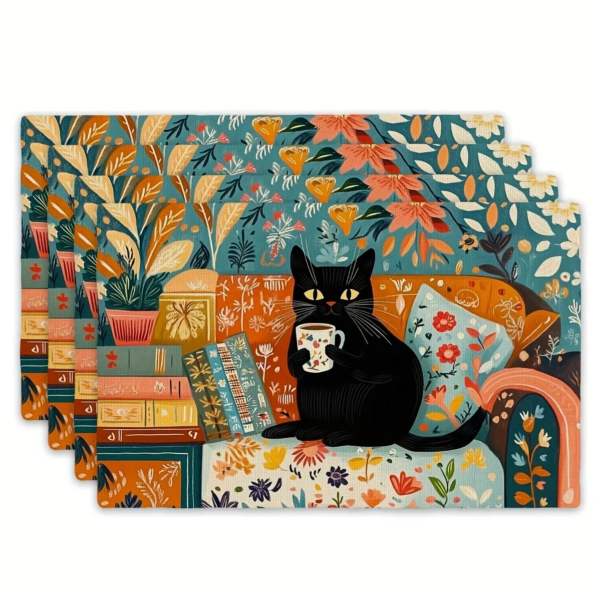 4pcs Set of Placemats - Bookish Meow Fun Themed Placemats, Rectangular Kitchen Dining Table Mats (12 inches x 18 inches), Suitab
