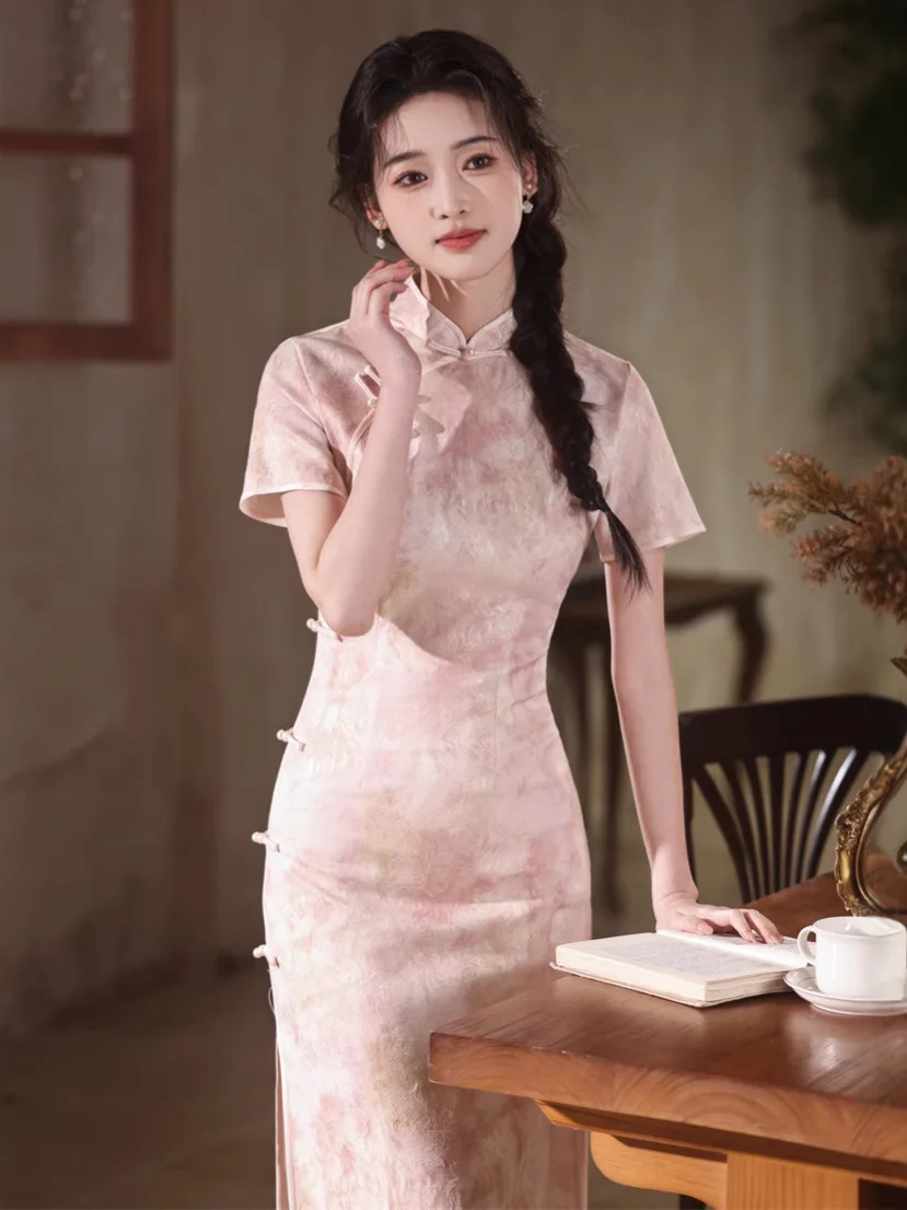Women's Spring And Summer New Cheongsam Skirt Pink Silver Bead Satin Short Sleeve Long Improved Version Chinese Style Printing