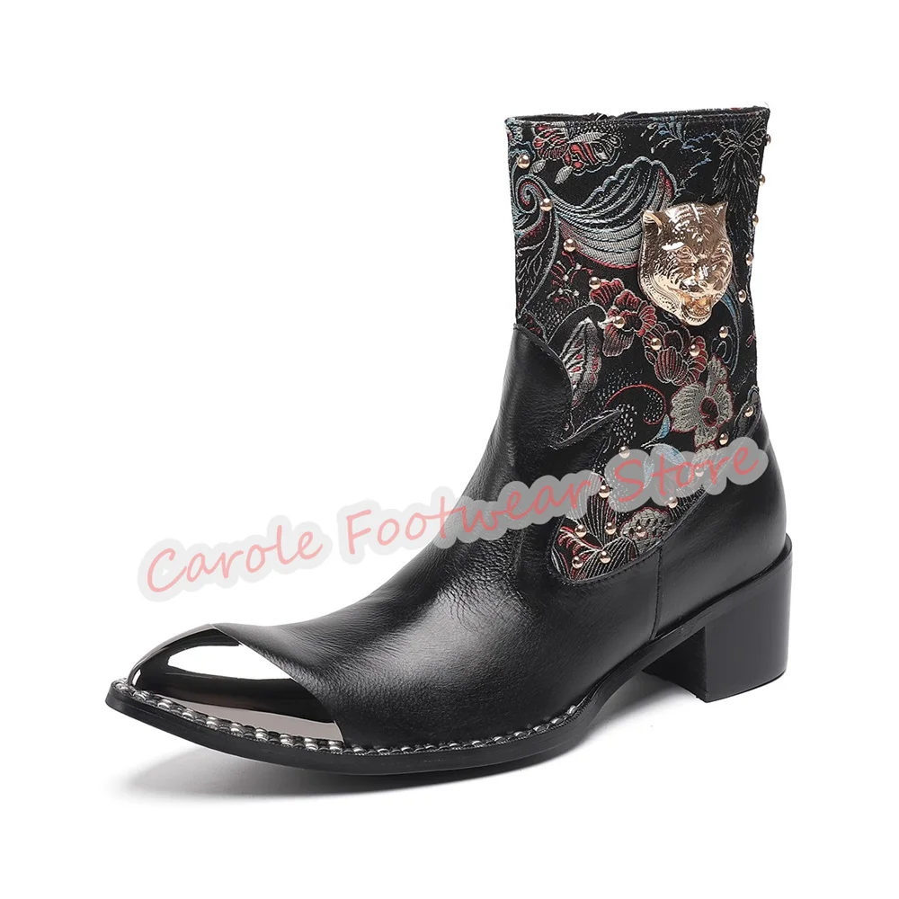 

Luxury Embroidery Genuine Leather Male Chelsea Boots Metal Round Toe Rivet Decor Chunky Heel Boots Men's Business Dress Shoes