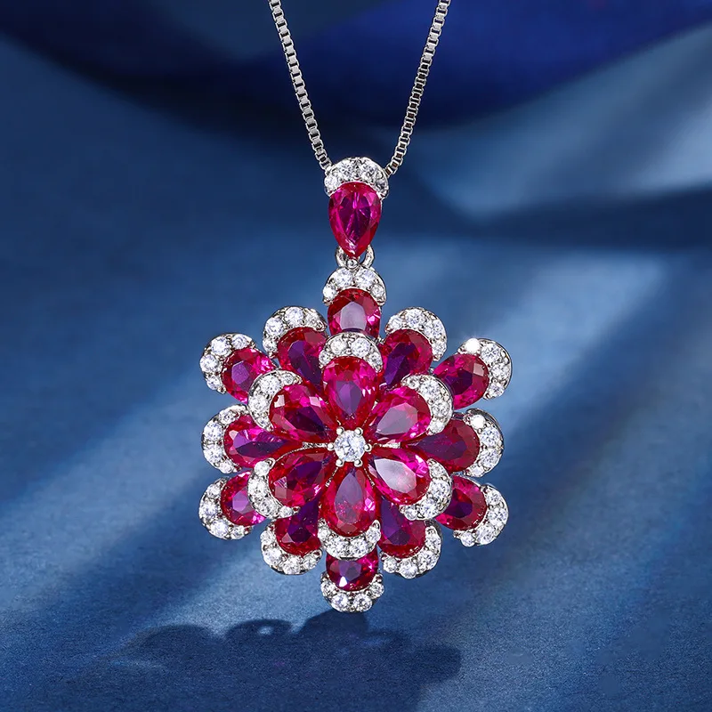 Exquisite Lab Ruby Cubic Zirconia Jewelry Sets Grace Flower Shaped Necklace Bangle Earrings Ring Banquet Party Gifts for Women