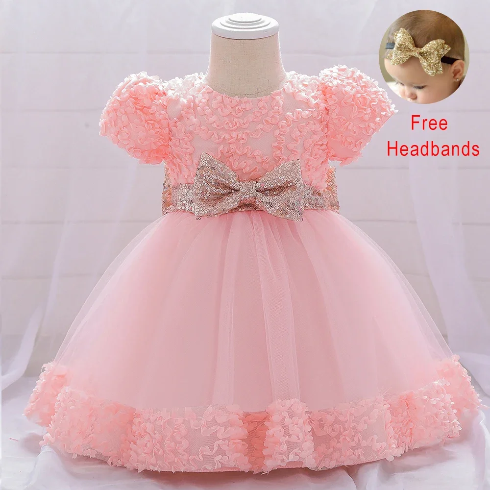 

Infant Gold Bow Wedding Girl Dresses for Kid Baptism 1st Birthday Tulle Party Sequin Dress Toddler Princess Baby Clothes Vestido