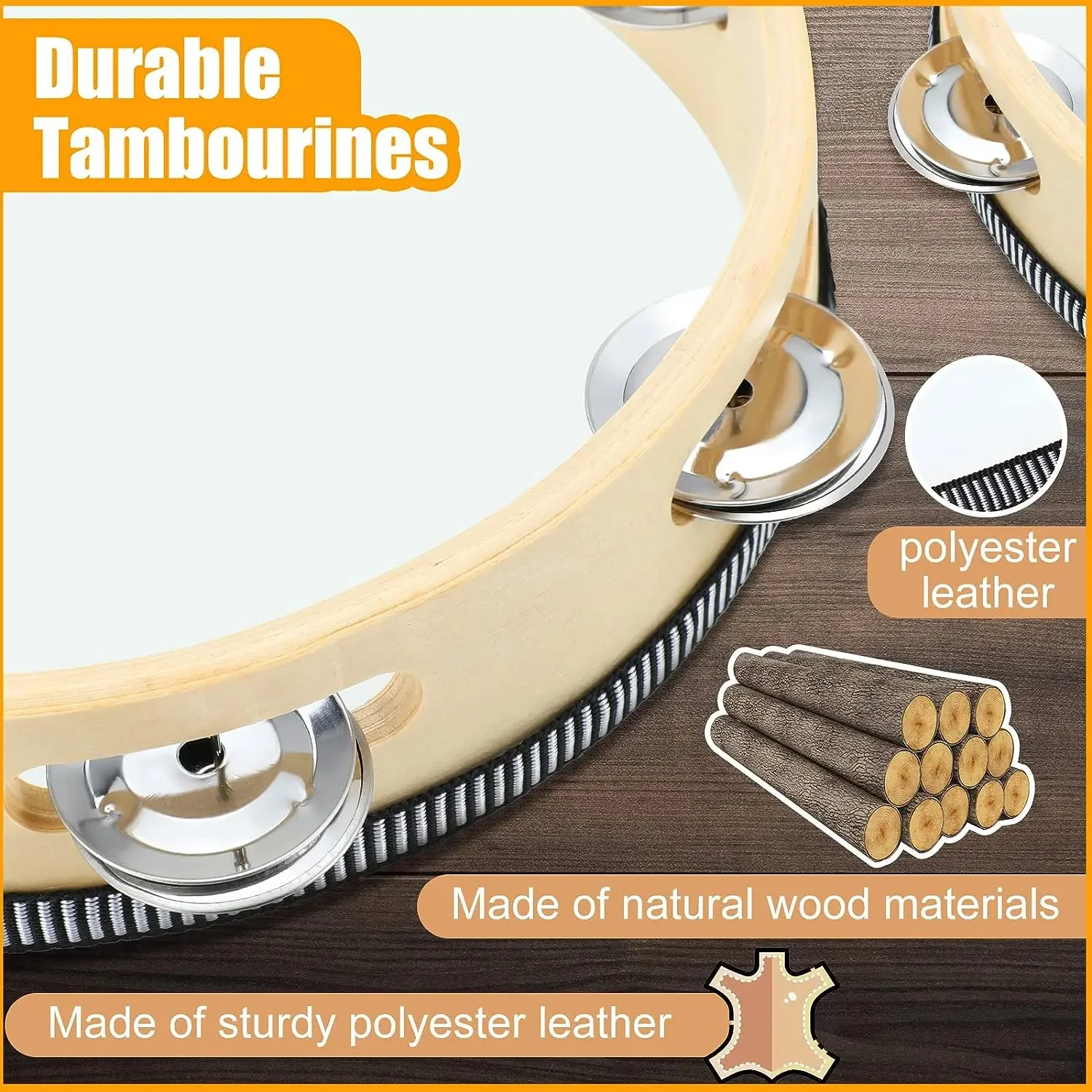 Miwayer Wooden Tambourine with Metal Jingles - 4/6/8/10 Inch Handheld Percussion Instrument for Music Class, Band & Church Choir