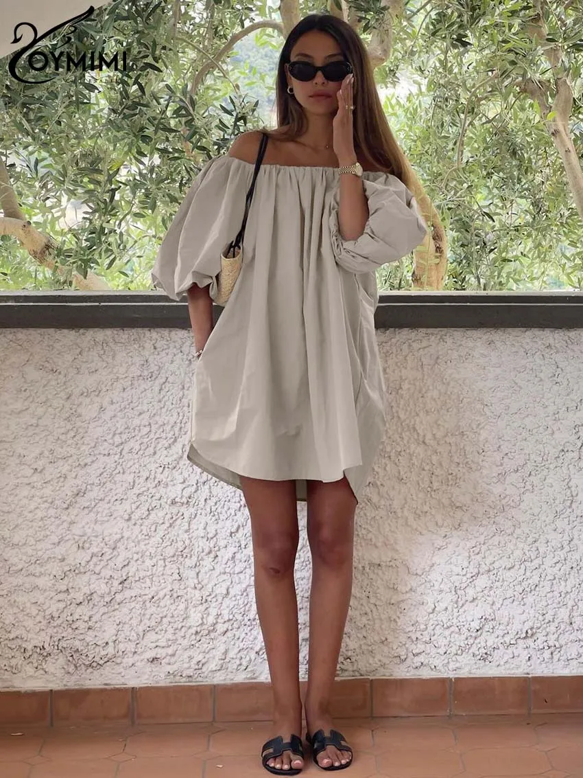 Oymimi Casual Khaki Loose Womens Dresses Fashion Slash Neck Puff Sleeve Simple Dresses Autumn Straight Mini Dress Streetwear