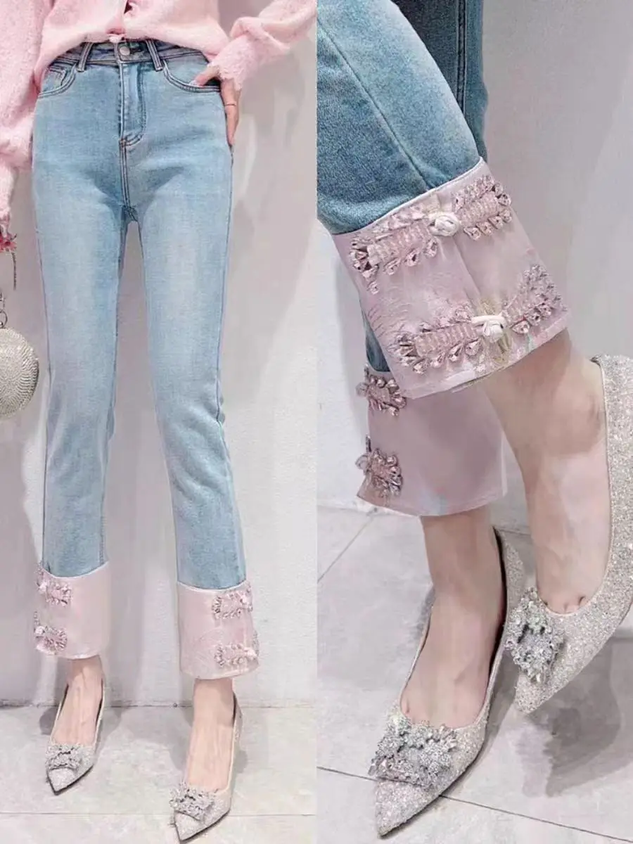 

Chinese style heavy industry diamond inlaid cropped jeans for women's spring 2024 new high waisted slim elastic smoke pipe pants