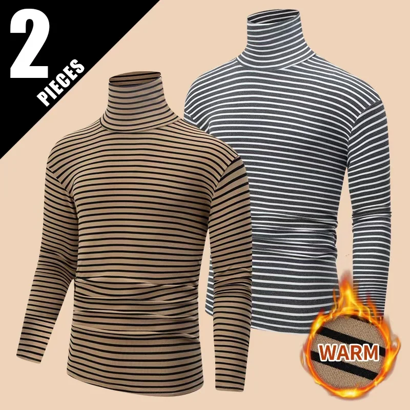 1/2 Stück Herren-T-Shirt für Herbst und Winter, gebürstet, dick, gestreift, langärmelig, bequem und warm, Sport- und Freizeit-Basisshirt