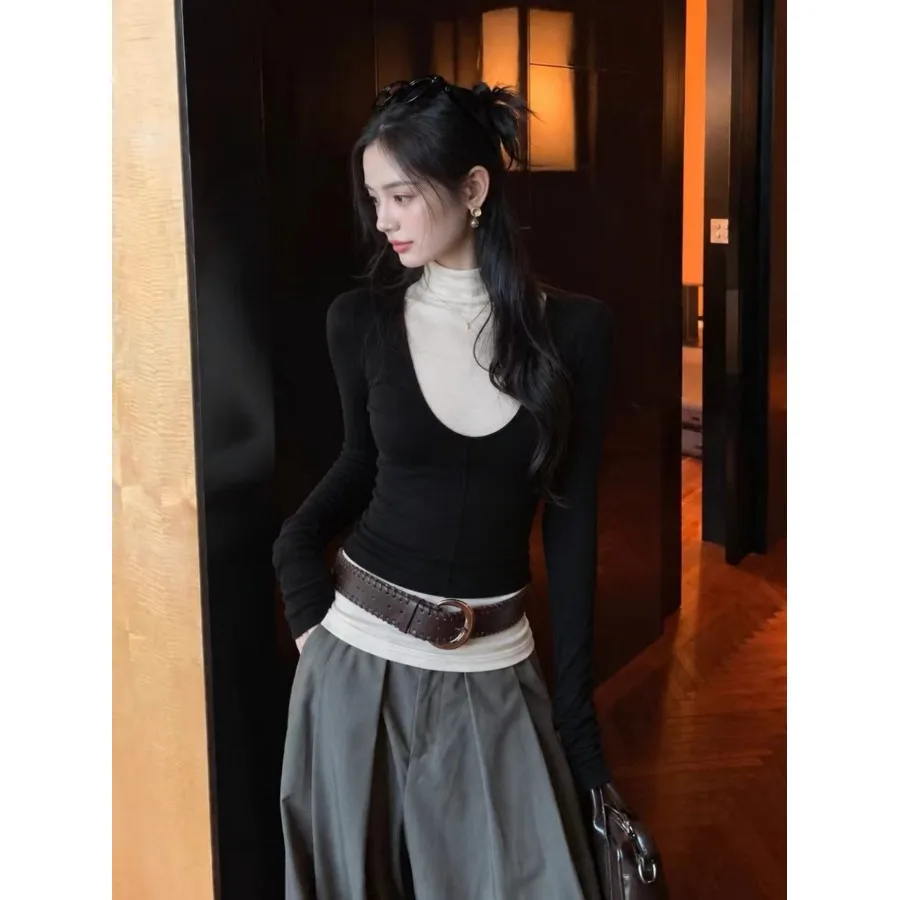 High Neck Long Sleeve T-Shirt Women's Base Layer Shirt Korean Style Versatile Paper Person Design Autumn Fashion Citywalk