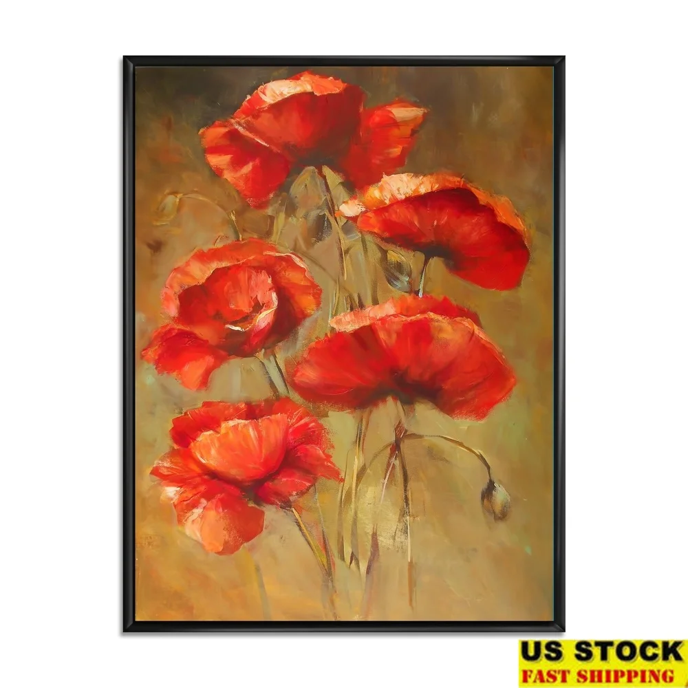 

Vintage Floral Poppies Framed Canvas Wall Art Print Gallery Wrapped Artwork Home Office Decor Ready to Hang