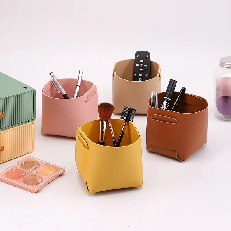 Desktop Finishing PU Leather Storage Box Household Foldable Cosmetic Storage Basket with Handle Sundry Key Coin Decorative Plate