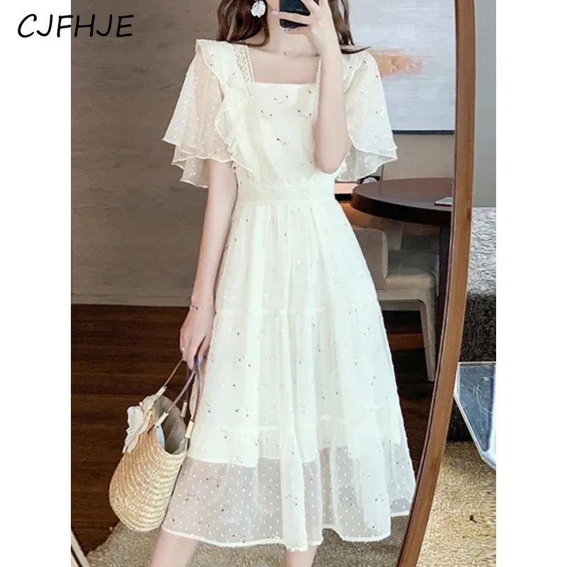 

CJFHJE Summer Fashion Sequins Lace Patchwork Elegant Party Dresses Women Ruffle Short Sleeve Slim Sweet Chic Fairy Midi Dress