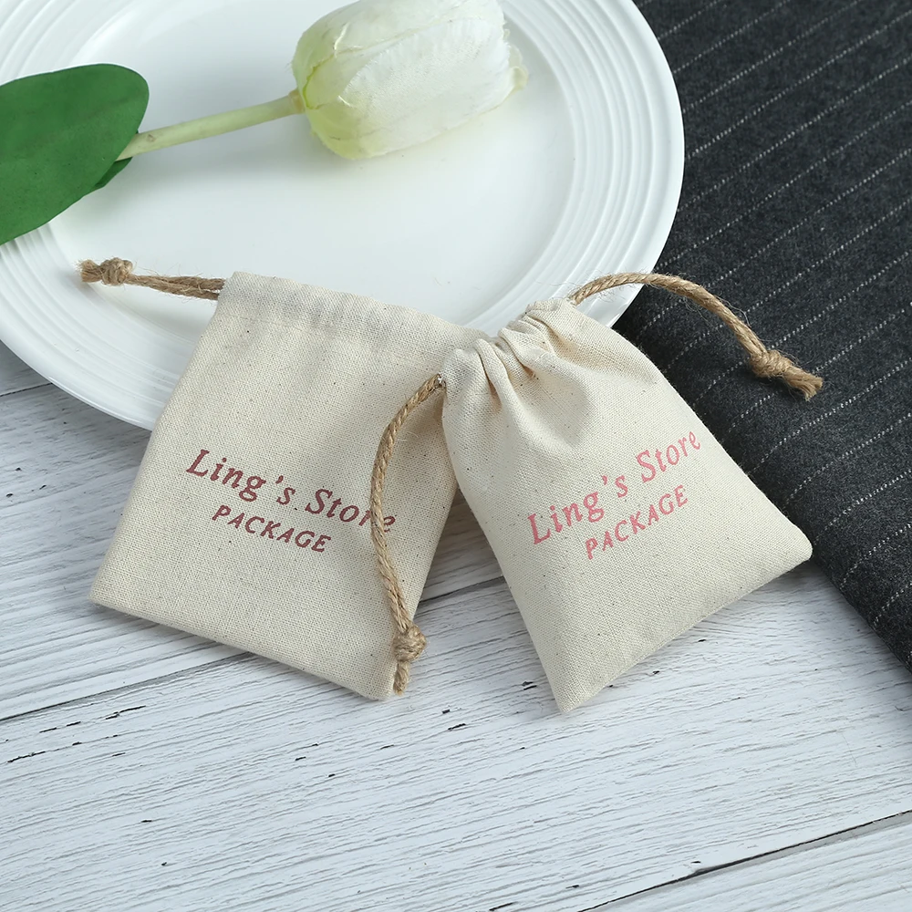 

100pcs Custom Logo Drawstring With Ribbon Jewelry Gift Bags Nature Cotton Canvas Packaging Pouches Wedding Favor Candy Bag