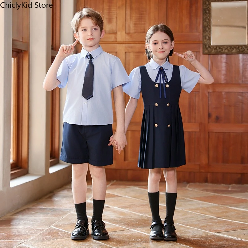 Boys Summer Preppy Short Sleeve Shirts Shorts Girls Korean Blouse Dress Kids Clothes Set Children British Student School Uniform