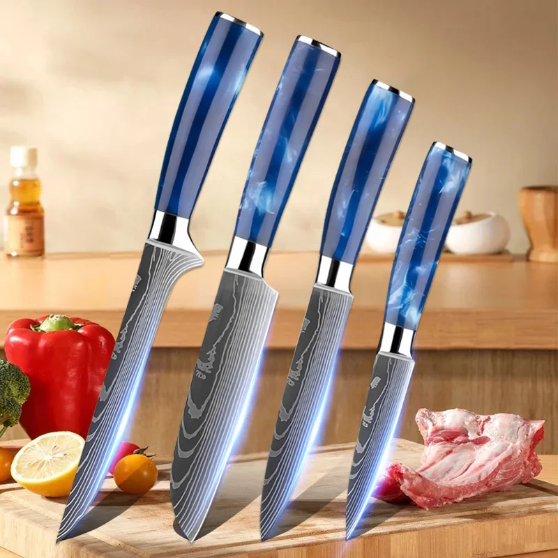 Damascus Kitchen  Knife Set High Carbon Stainless Steel Santoku Fruit Knife Blue Resin Handle Ultra Sharp Utility Cooking Knife