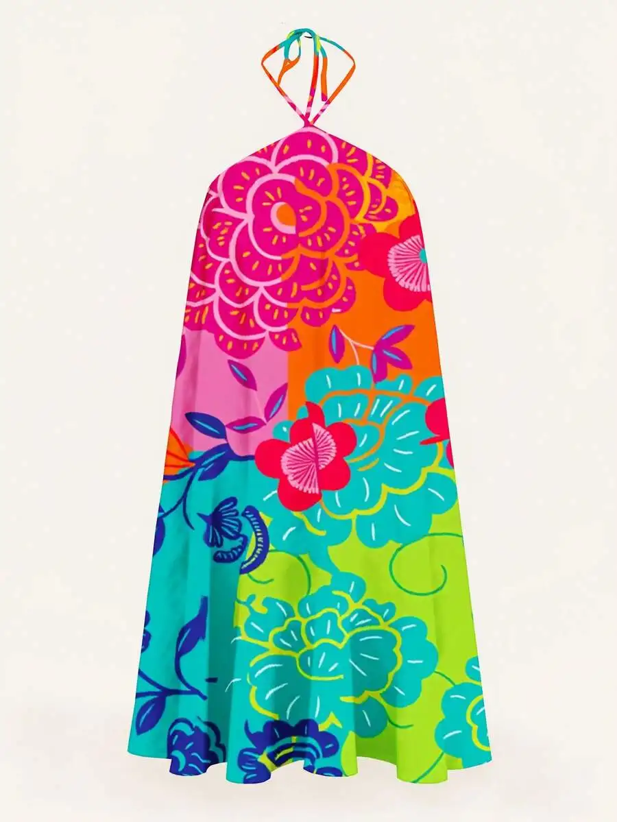 

Colorful Floral Print Halter Neck Swing Dress Women Summer Beach Casual Dress