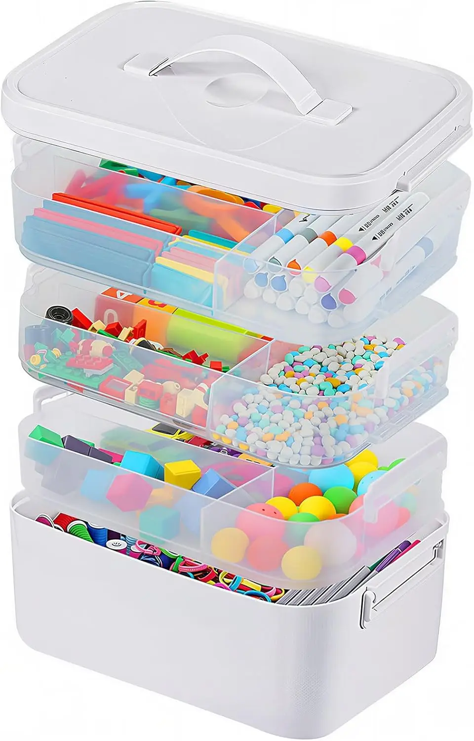 

4-слойный органайзер для рукоделия и хранения с выдвижными поддонами, органайзер для рукоделия с крышками и ручкой Playdoh (белый)