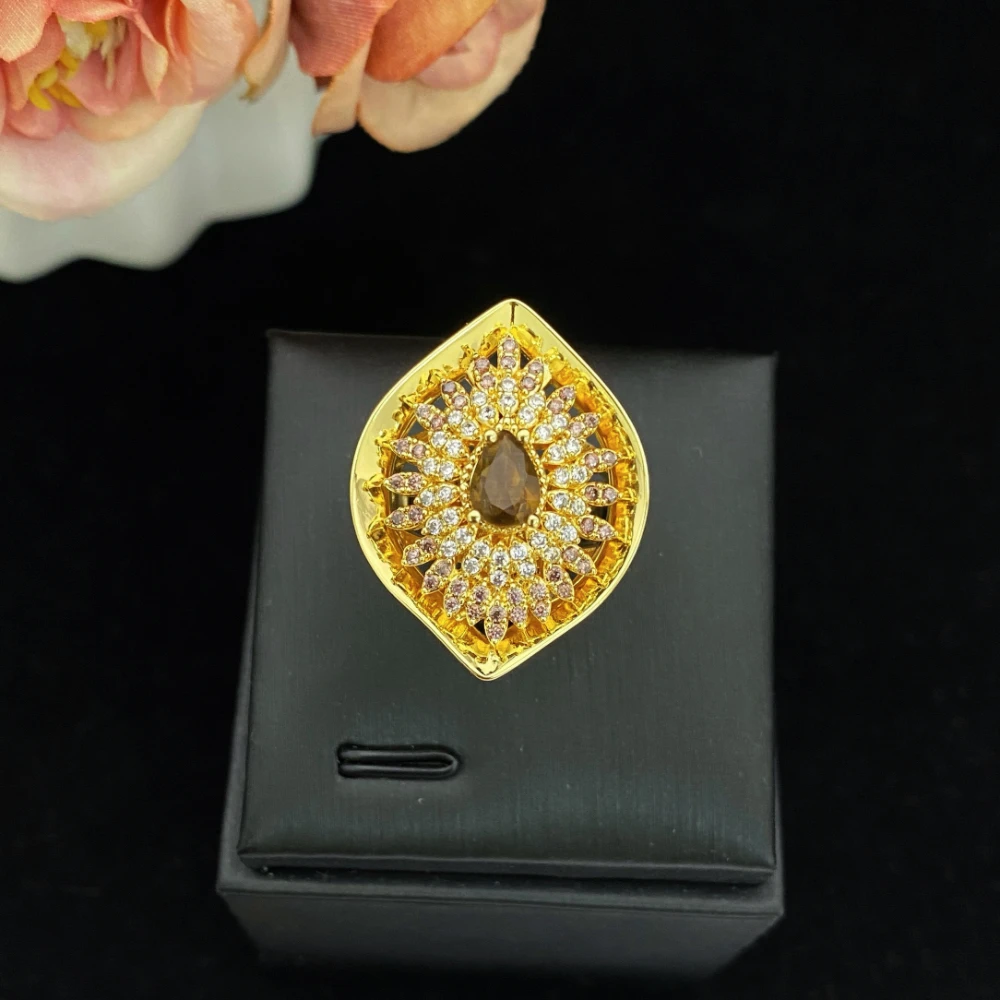 JRH Luxury Madam Evening Zircon Jewelry Set Gold Plated Brass 4-Piece Party Necklace Earrings Bracelet Ring