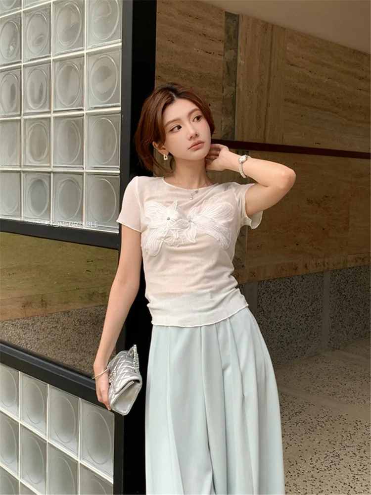 Top de Punto Fino con Bordado Floral para Mujer, Primavera-Verano, Estilo Coreano, Color Blanco Notting Hill, Modelo Brie Cheese