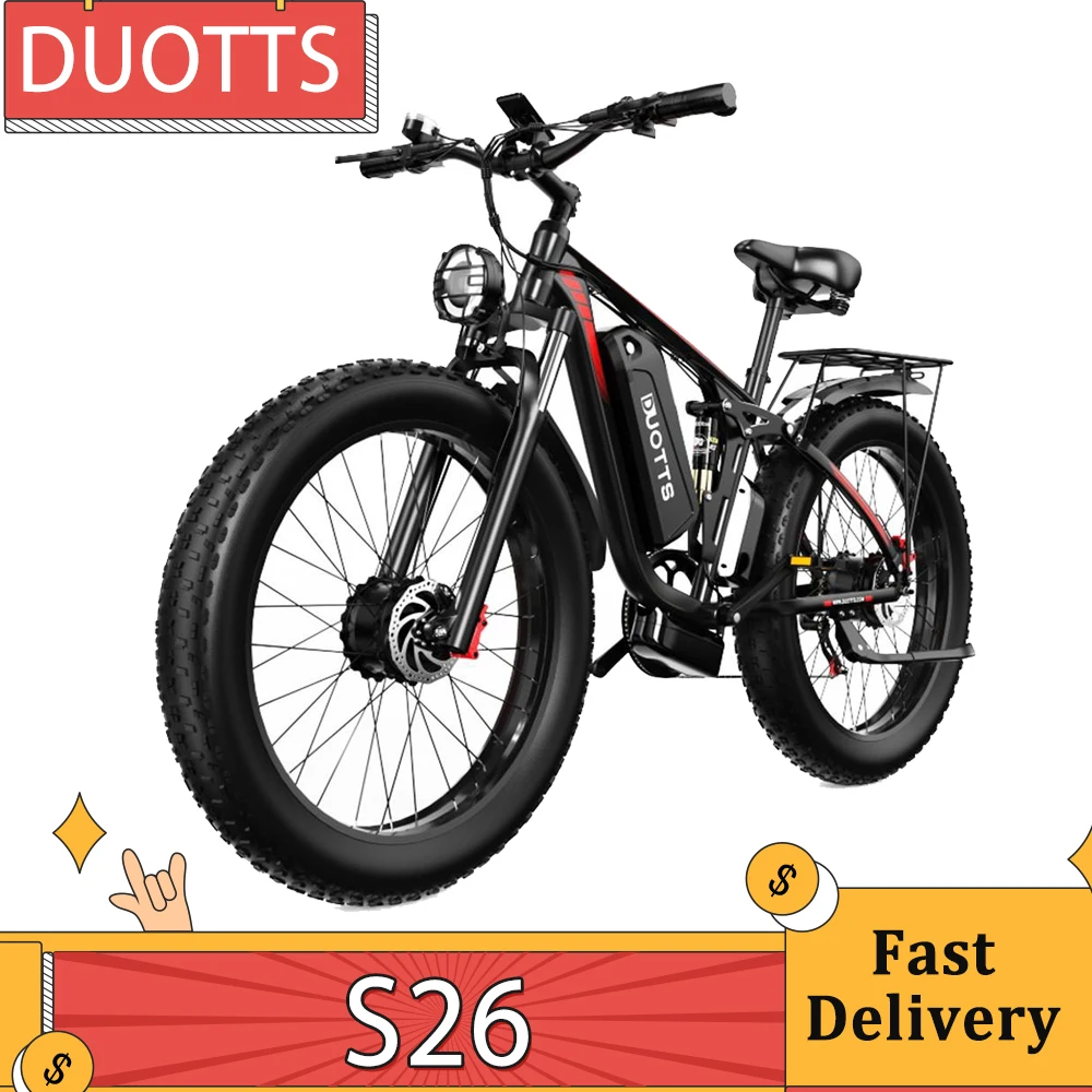 DUOTTS S26 Electric Bike 750W*2 Motors 50km/h Max Speed 26*4.0 inch Fat Tires 48V 19.2Ah LG Battery 120-150km Range 200kg Load