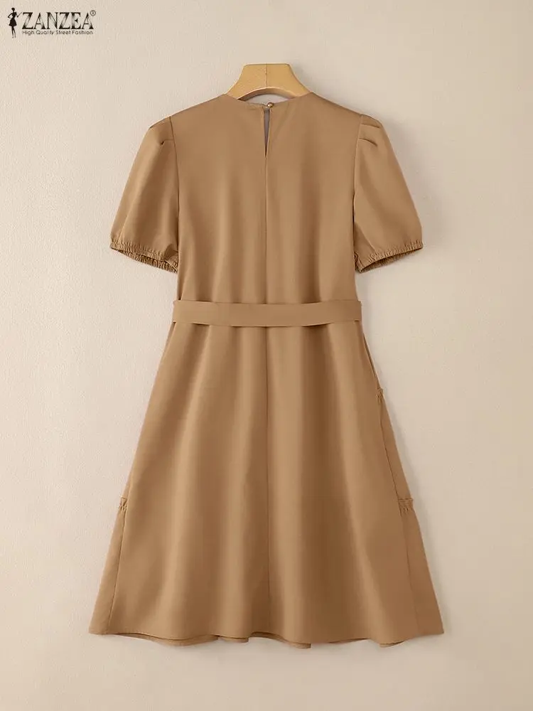 ZANZEA Stylowe Sukienki z Falbankami Damskie Lato 2025 Elegancka Sukienka w Kształcie Litery A Do Pracy Biurowej Vestidos Z Paskiem Sukienka Letnia z Dekoltem O i Krótkim Rękawem