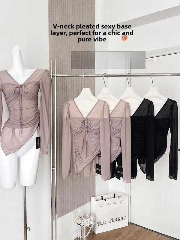 

Сексуальная женская базовая блузка с V-образным вырезом и плиссировкой, приталенная, в корейском стиле, из полиэстера, с длинным рукавом, однотонная, для повседневной носки
