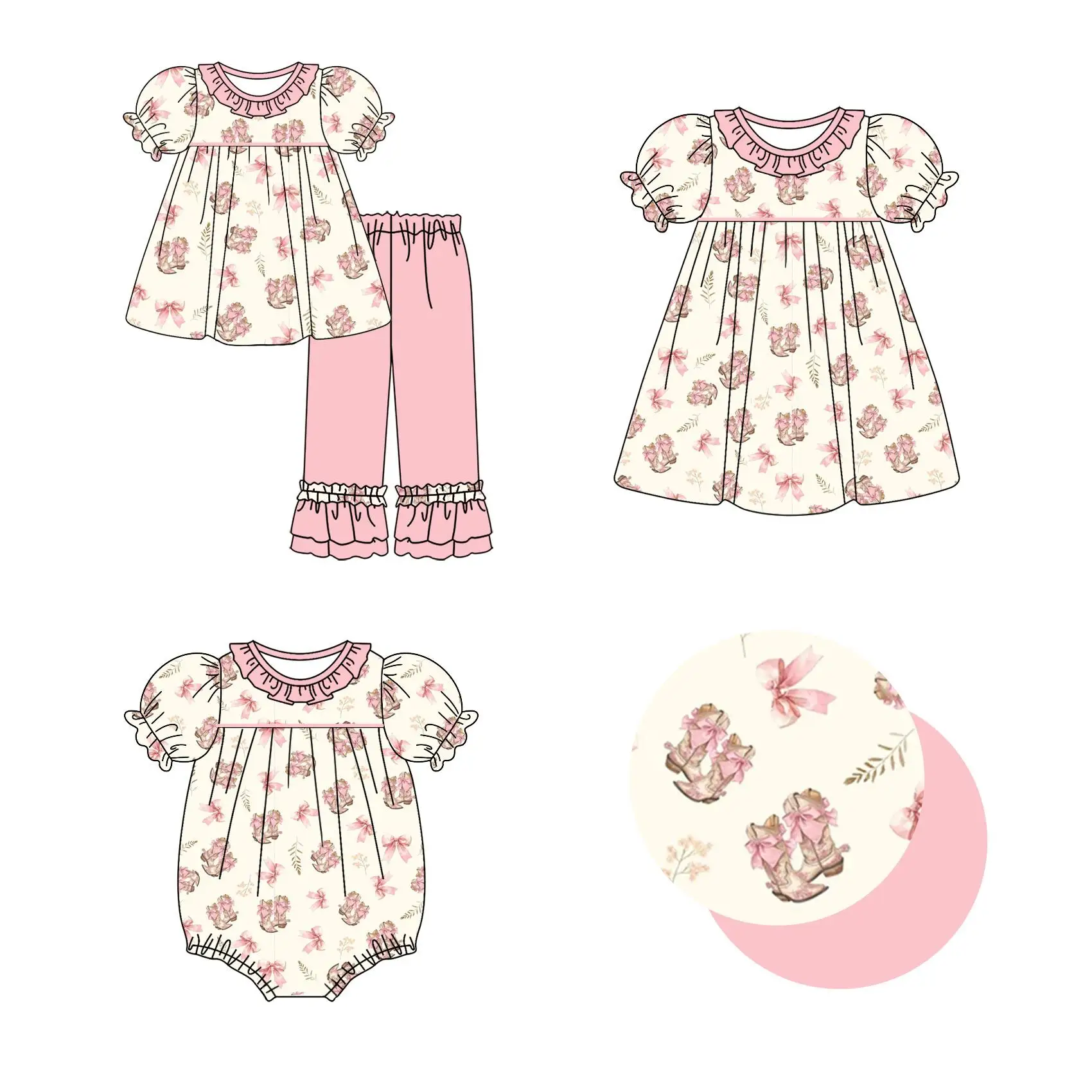 Hot Sale New Boutique Children Set Short Sleeve Elastic Boots Bow Print Pants Lace Girl Set Pajamas Set Baby Romper Dress Blanke