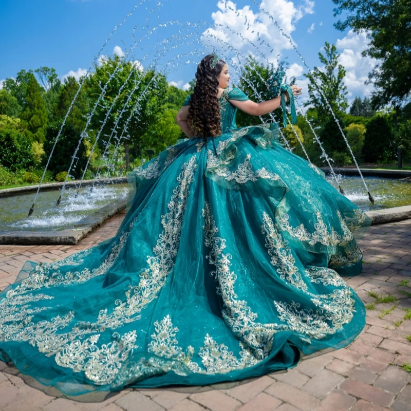 أسود أخضر لامع فساتين Quinceanera قبالة الكتف زين الدانتيل الديكور كريستال تول مشد حفلة عيد ميلاد الحلو 16 فستان