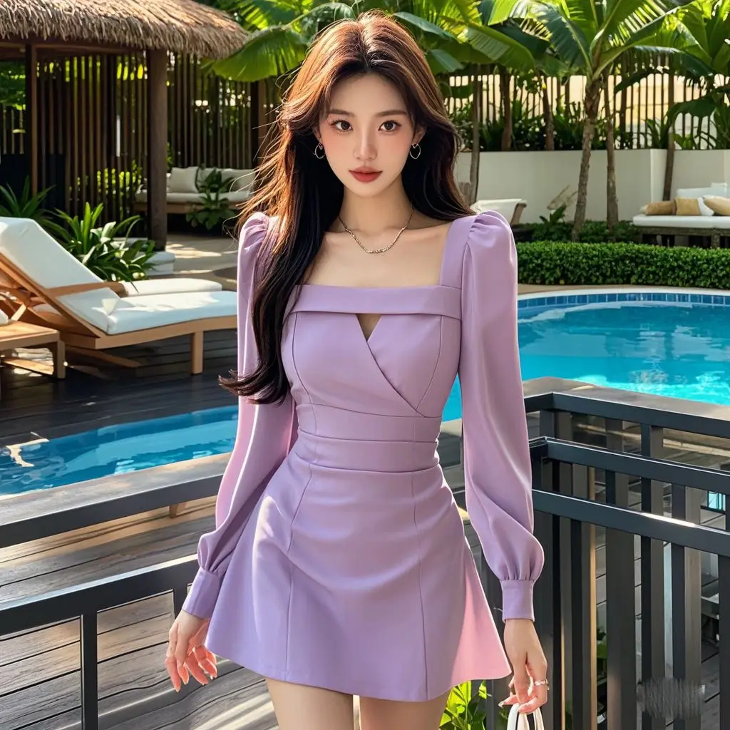 French solid color hollow dress autumn style waist-closed square collar to make you look slim long sleeve pleated skirt